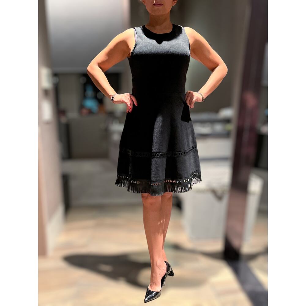 PARKER Black Knit Dress Faux Leather Cutout Trim Fringe Fit and Flare Medium EUC